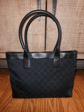 Gucci GG Canvas Tote Bag With Black Leather Trim #002 1119 002058